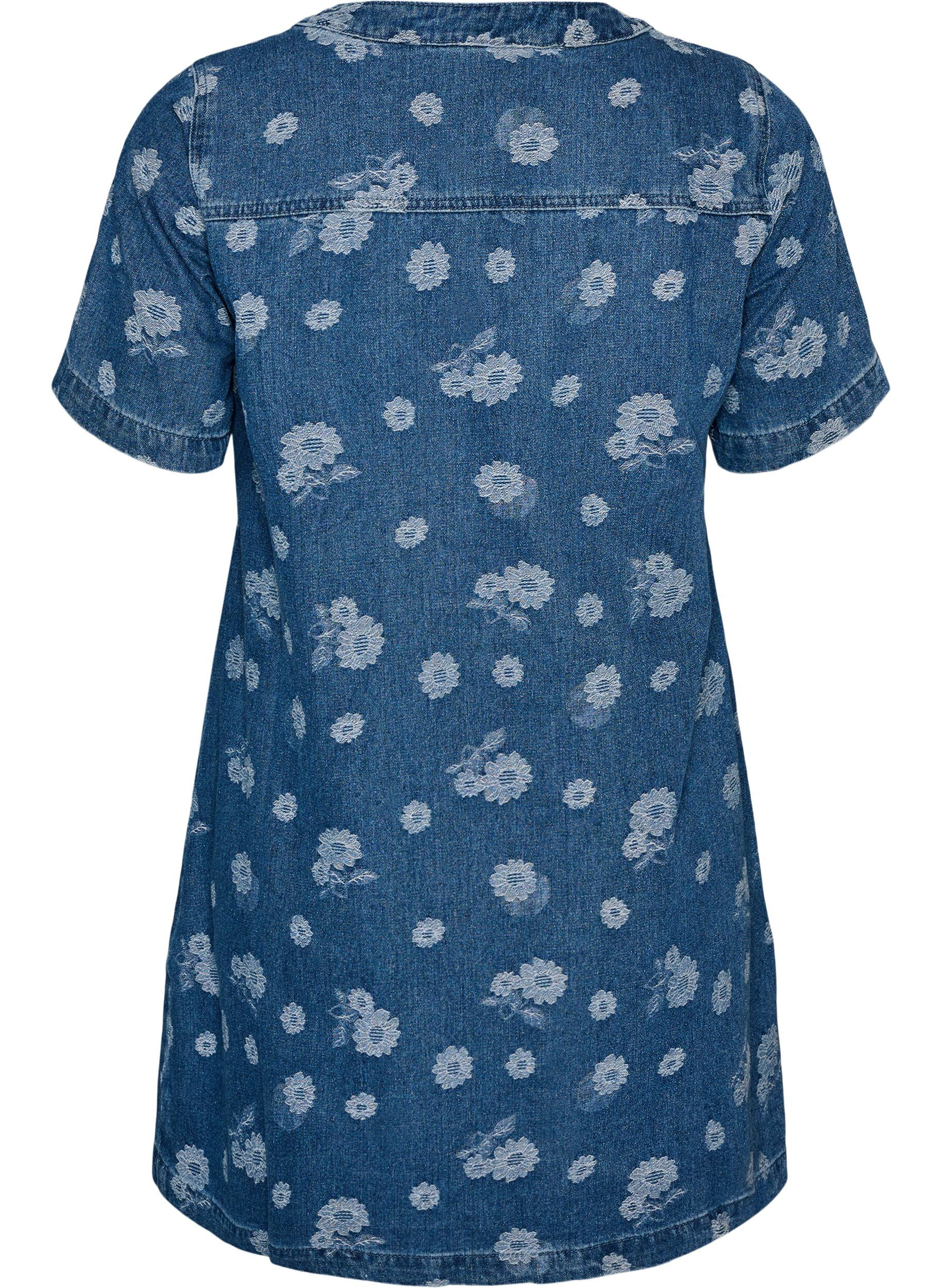 ZizziA-Linien-Kleid aus Denim mit Blumenmuster, Blau, Packshot image number 1