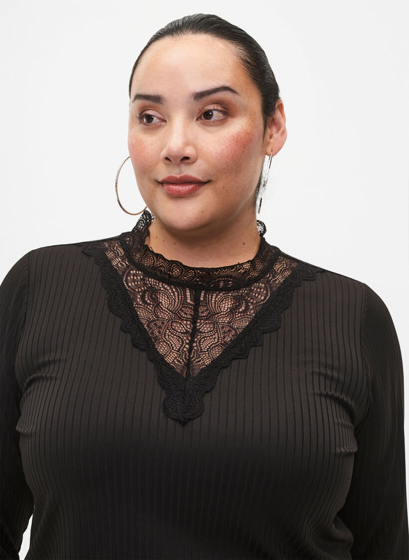 Bluse mit Spitze und langen Ärmeln, Black, Model image number 2