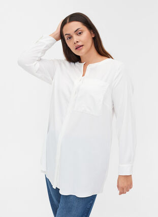 Schlichte lange Bluse mit Tasche, Warm Off-white, Model image number 0