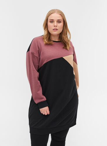 Langes Sweatshirt mit Colourblock, Black Color Block, Model image number 0