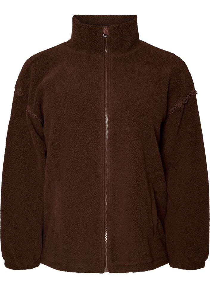 Teddyjacke mit Details aus Lochstickerei und hohem Kragen, Braun, Packshot image number 0