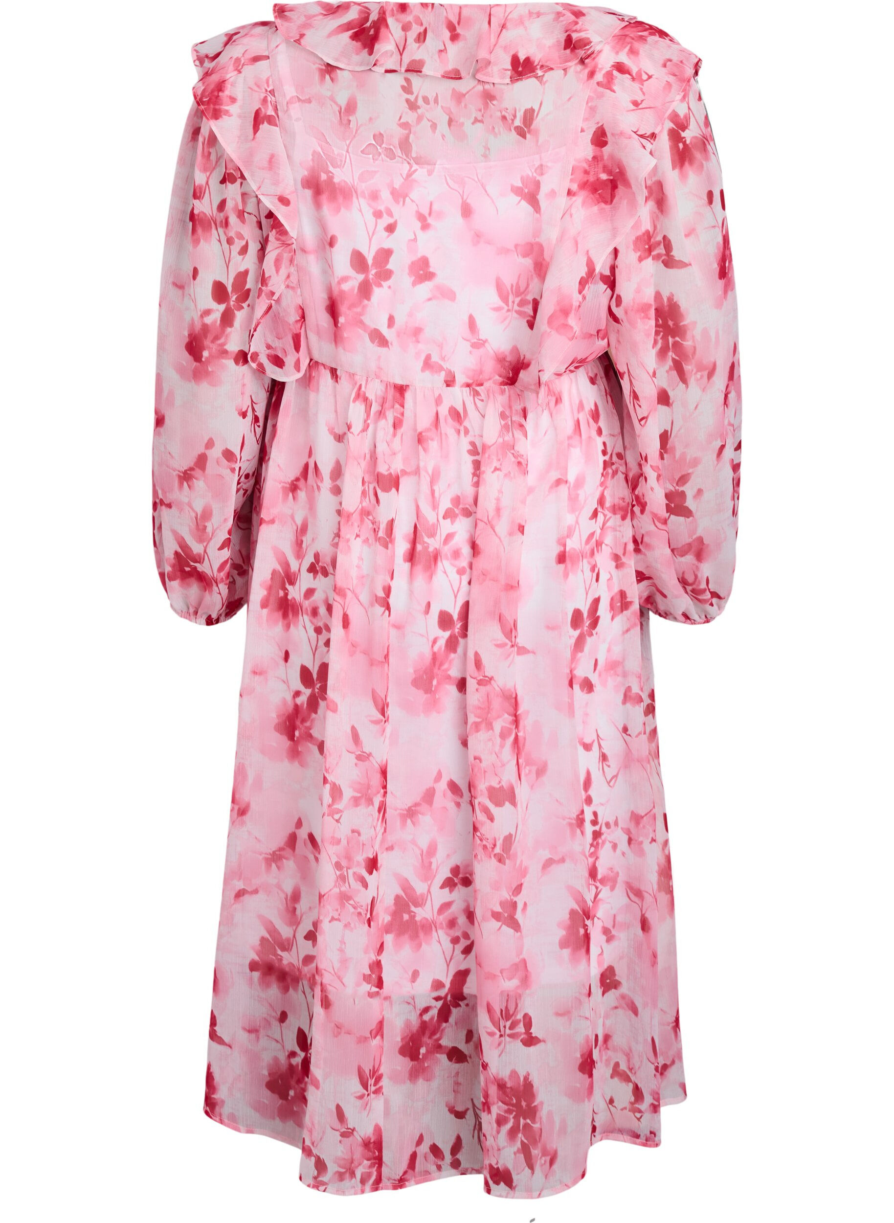Zizzi Gebl&uuml;mtes Kleid aus Chiffon mit R&uuml;schen und langen &Auml;rmeln, Pink, Packshot image number 1