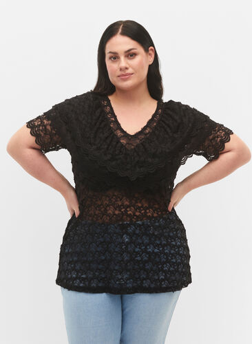 Kurzärmelige Bluse mit Rüschen, Black, Model image number 0