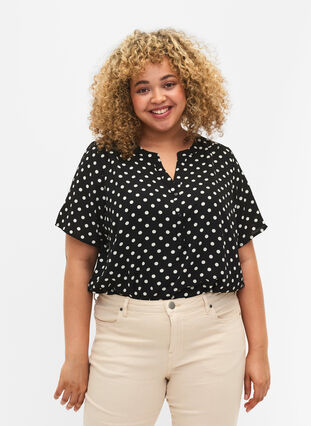 Bluse mit kurzen Ärmeln und V-Ausschnitt , Black w. Dots, Model image number 0