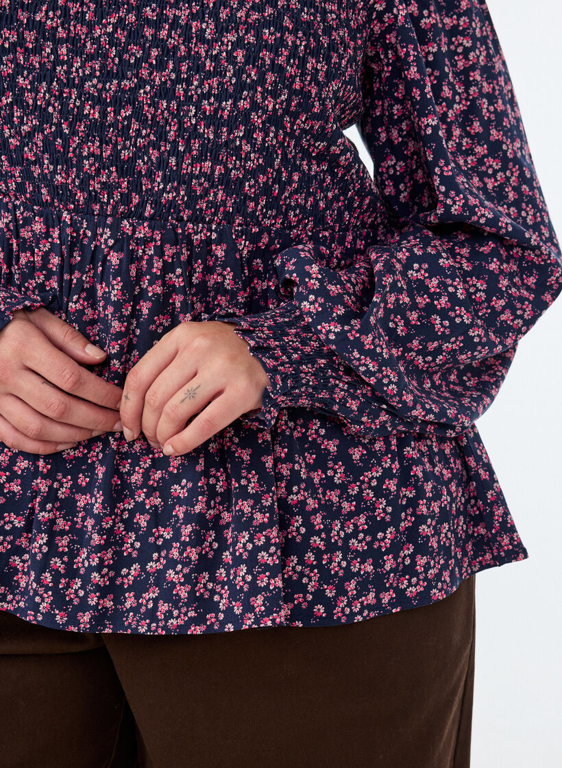 Bluse mit gesmoktem Oberteil und gebl&uuml;mtem Print, Blau, Model image number 3
