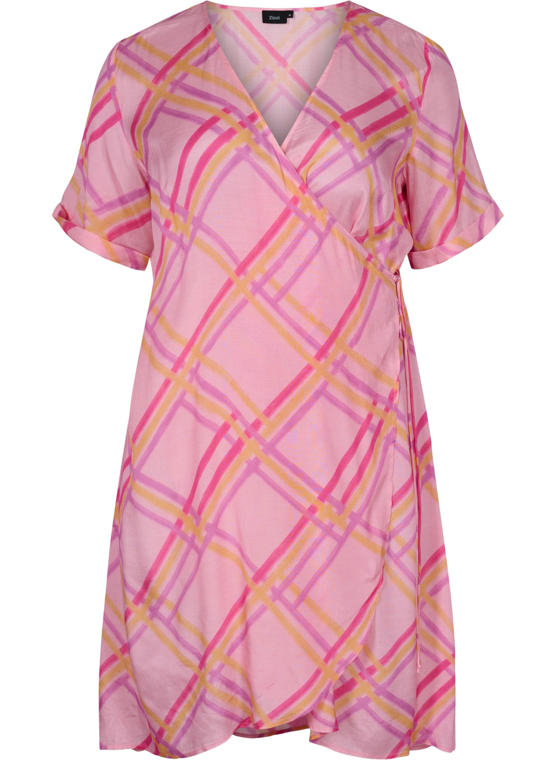 Zizzi Kariertes Kleid aus Viskose mit Wickeleffekt, Pink Check, Packshot image number 0