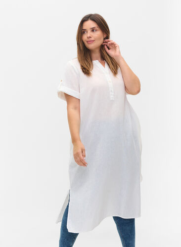 Langes kurzärmeliges Hemdkleid, White, Model image number 0