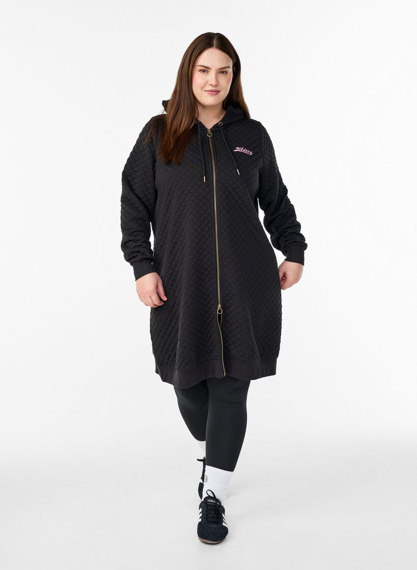 Lange gesteppte Sportstrickjacke mit Rei&szlig;verschluss, Schwarz, Model image number 1
