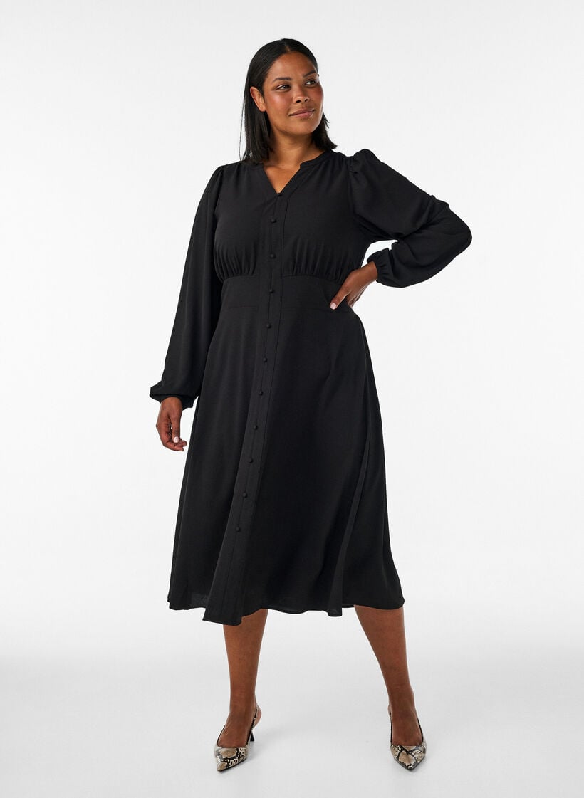 Midikleid mit Smock und Zierkn&ouml;pfen, Schwarz, Model image number 0