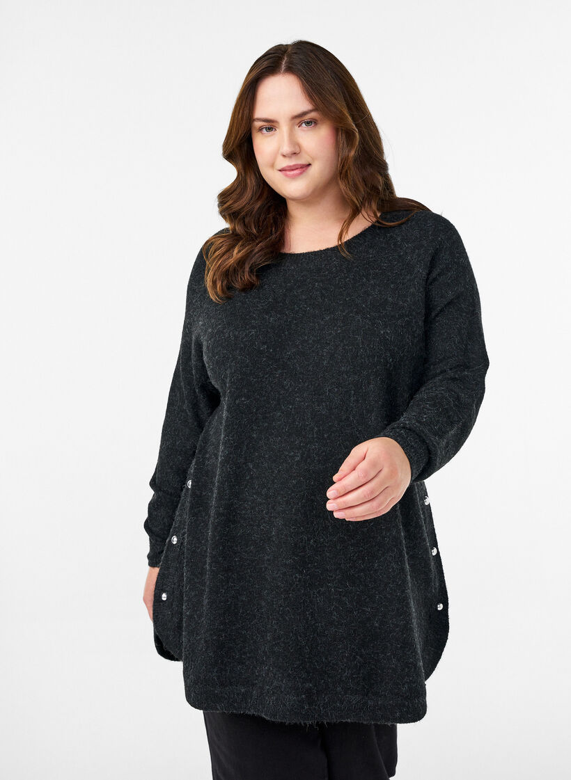 Lange Strickbluse mit Kugelknöpfen, Grau, Model image number 0