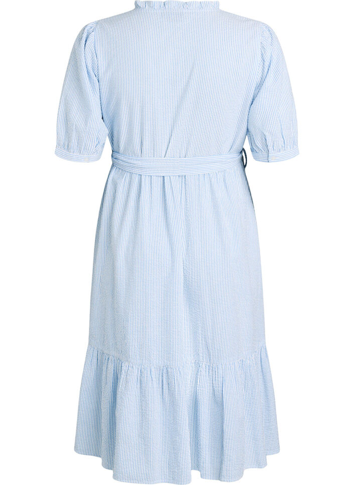 Gestreiftes Midikleid aus Baumwolle mit einem Bindeg&uuml;rtel, Wei&szlig;, Packshot image number 1