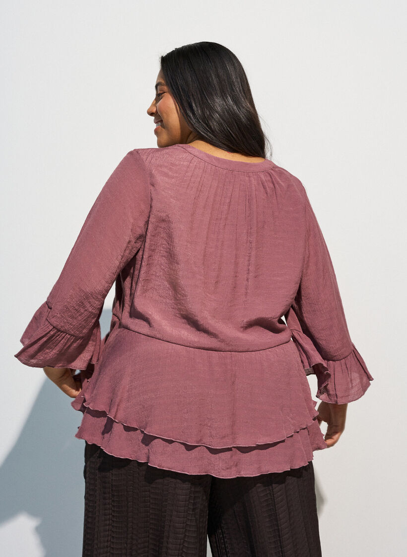 Bluse mit 3/4-&Auml;rmeln und R&uuml;schendetails, Rot, Model image number 2