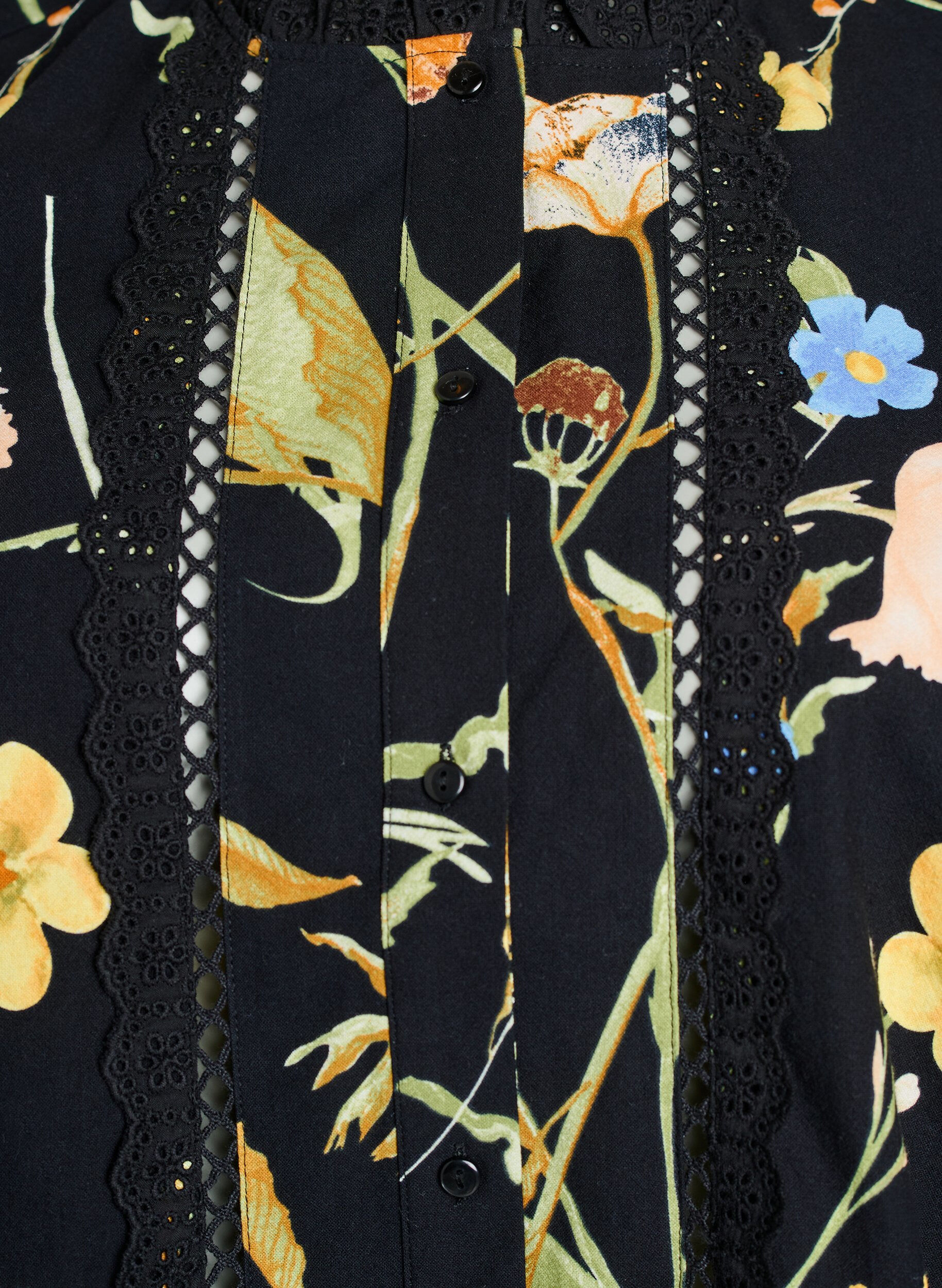 Zizzi &Auml;rmellose Bluse aus Baumwolle mit Blumenprint und Broderie Anglaise, Schwarz, Packshot image number 2