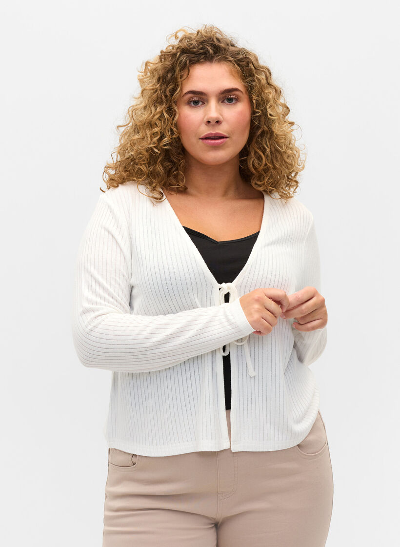 Cardigan mit Rippmuster und Bindeschnüren, White, Model image number 0