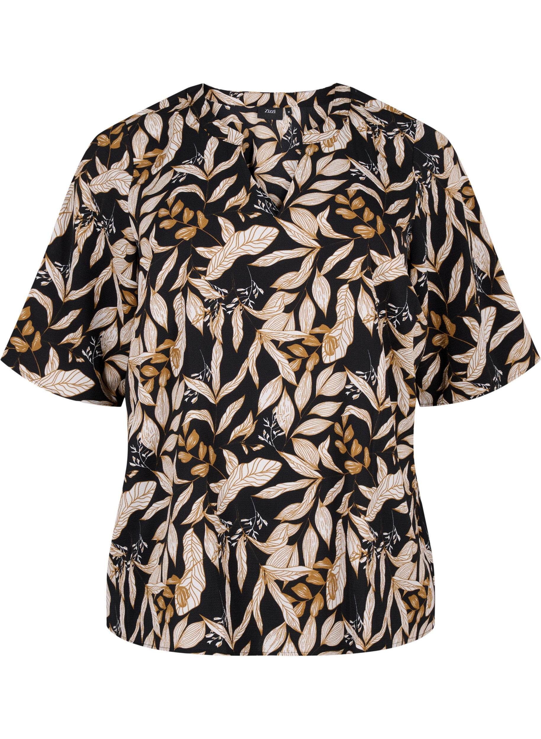 Zizzi Bluse mit V-Ausschnitt und Bl&auml;tter-Aufdruck, Black Leaf AOP, Packshot image number 0