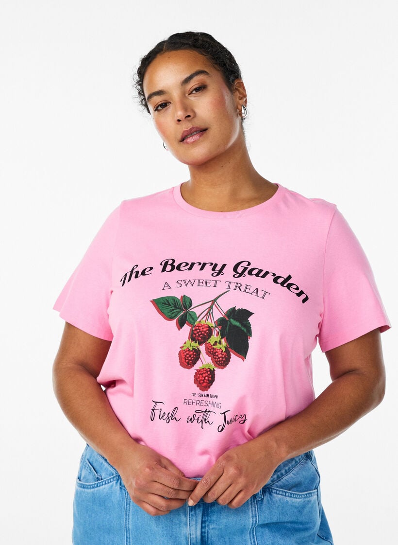 T-Shirt aus Baumwolle mit Fr&uuml;chte-Print und Text, Pink, Model image number 0