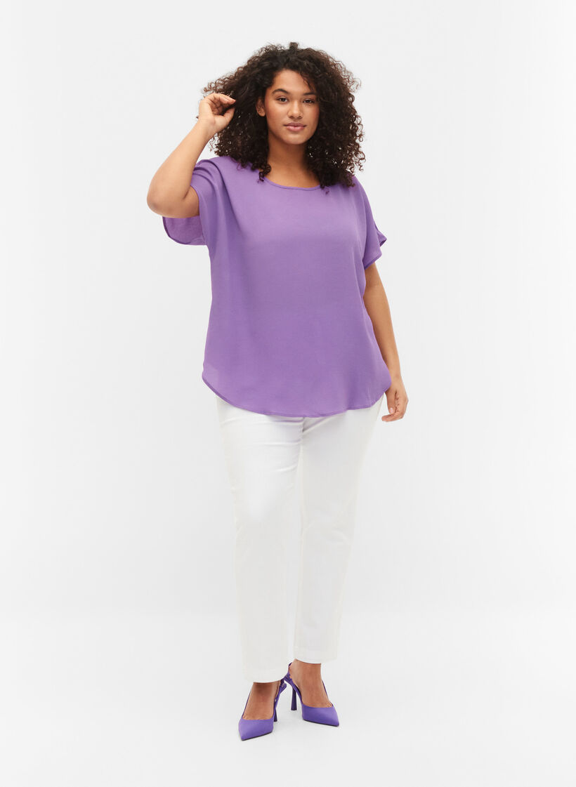 Bluse mit kurzen Ärmeln und Rundhalsausschnitt, Lila, Model image number 1