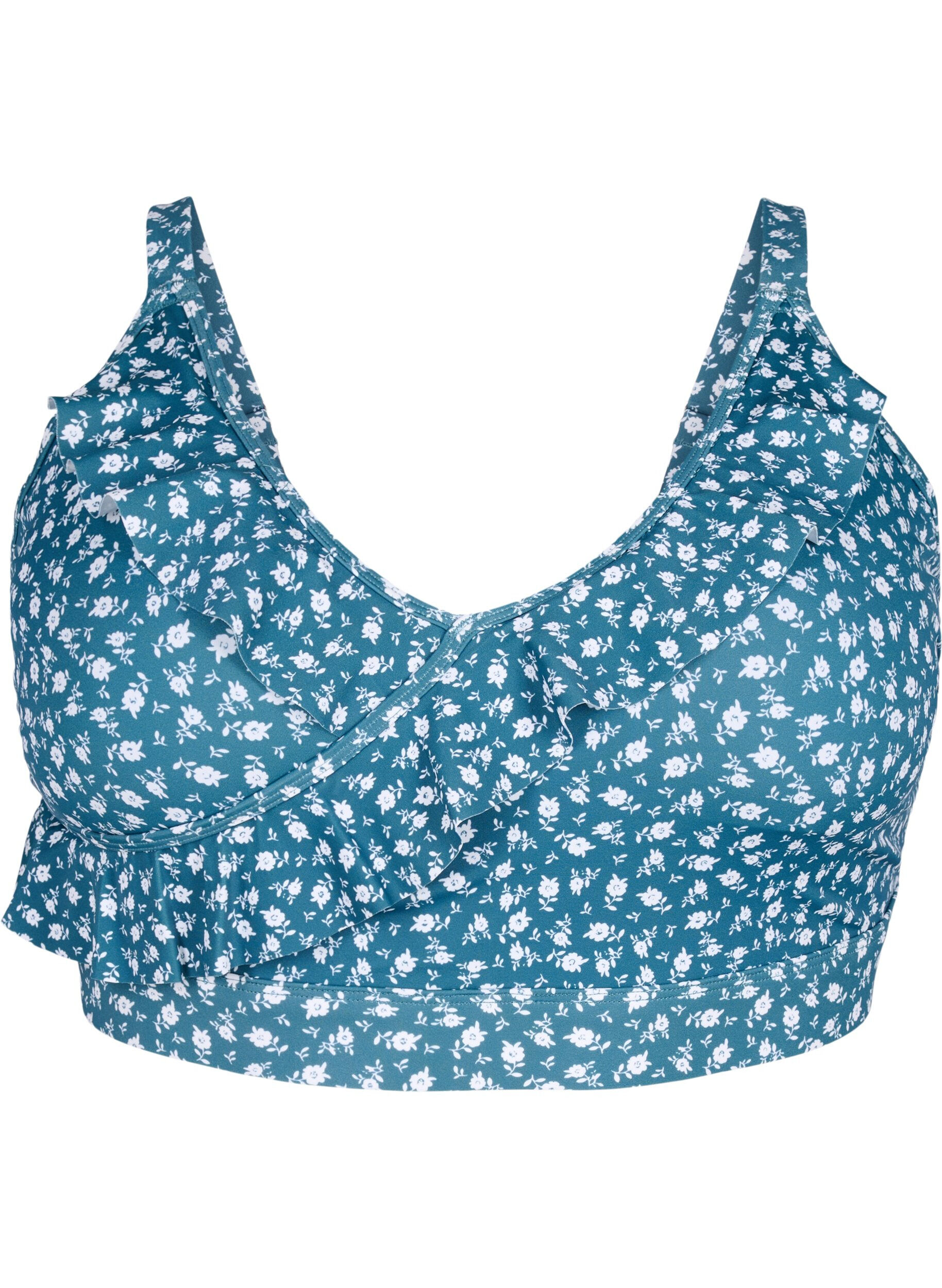 Zizzi Bikini-Top mit R&uuml;schendetails und Blumenprint, Petrol, Packshot image number 0