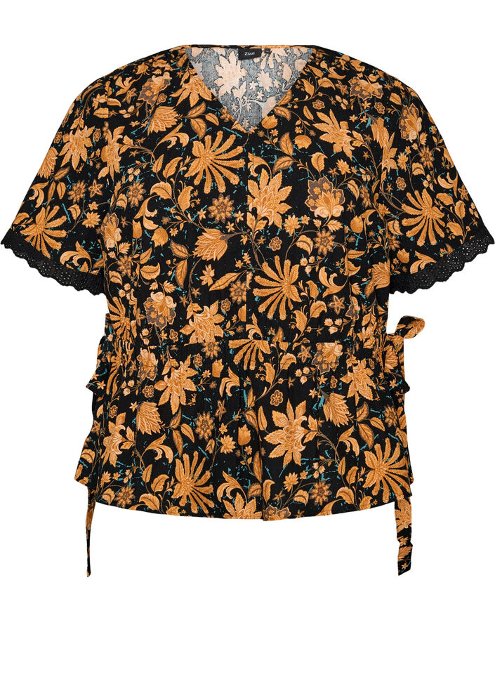 Gebl&uuml;mte Bluse aus Baumwolle mit Bindeband, Orange, Packshot image number 0
