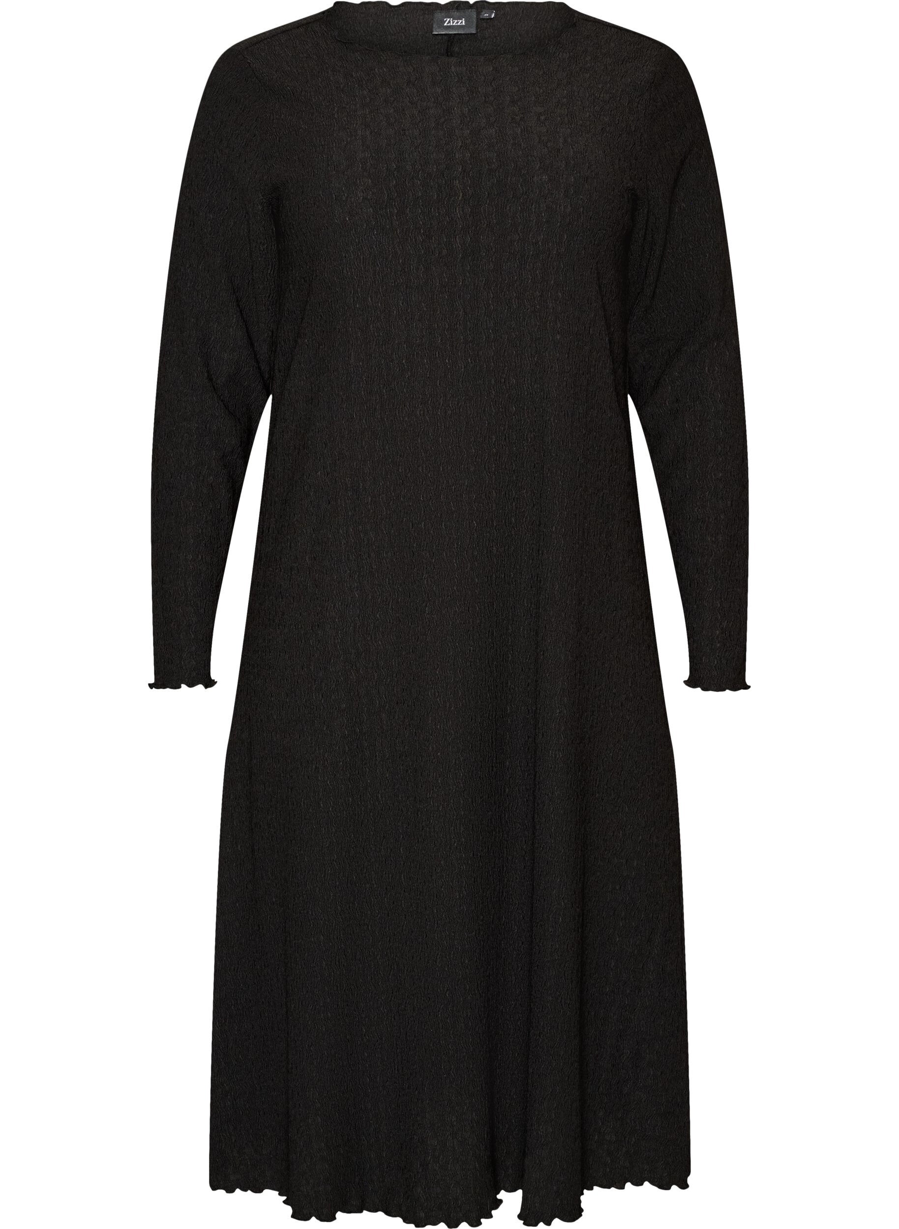 ZizziMidi-Kleid mit welliger Struktur und langen &Auml;rmeln, Schwarz, Packshot image number 0