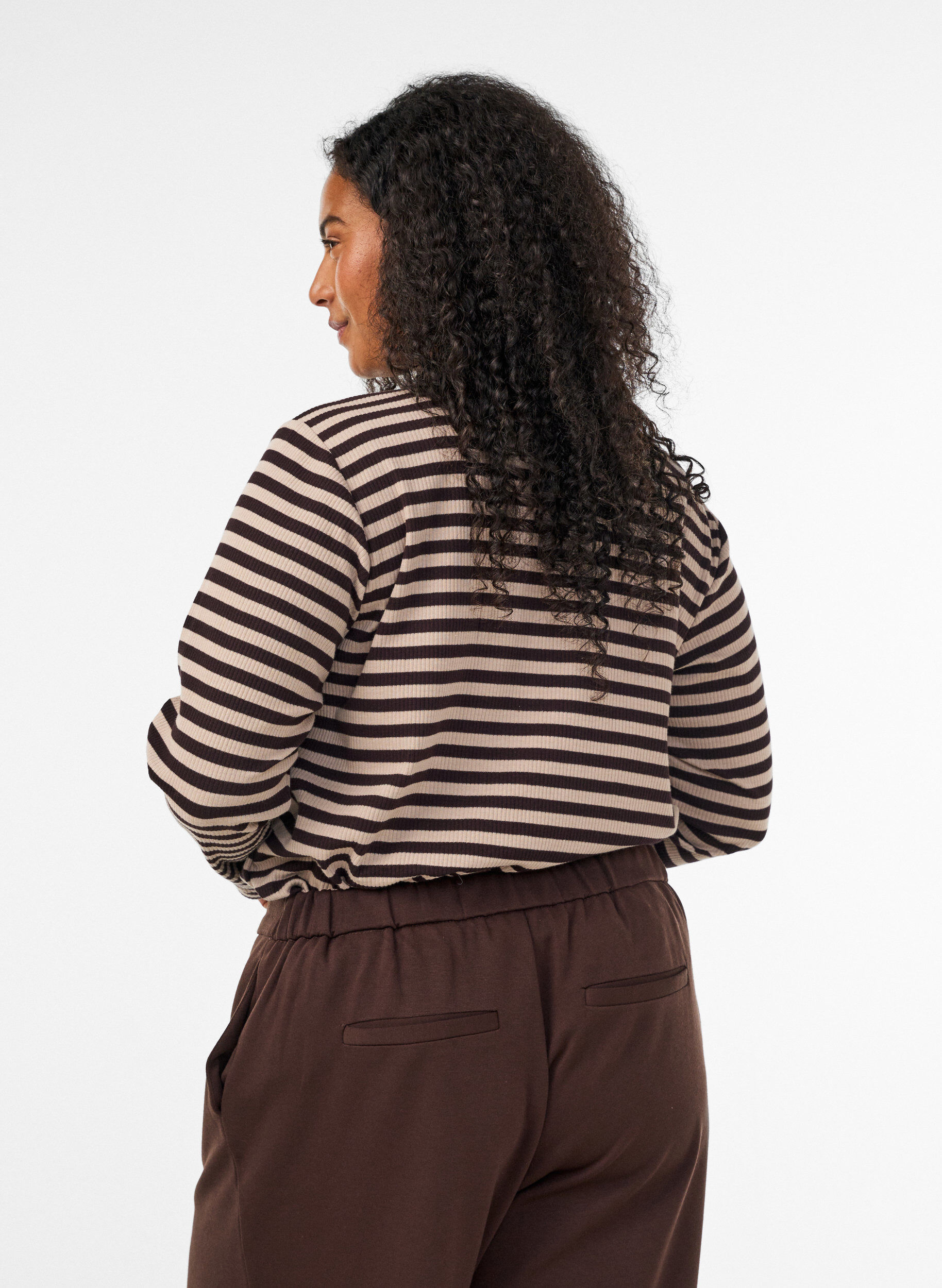 ZizziGestreifte Bluse mit langen &Auml;rmeln, Braun, Model image number 2