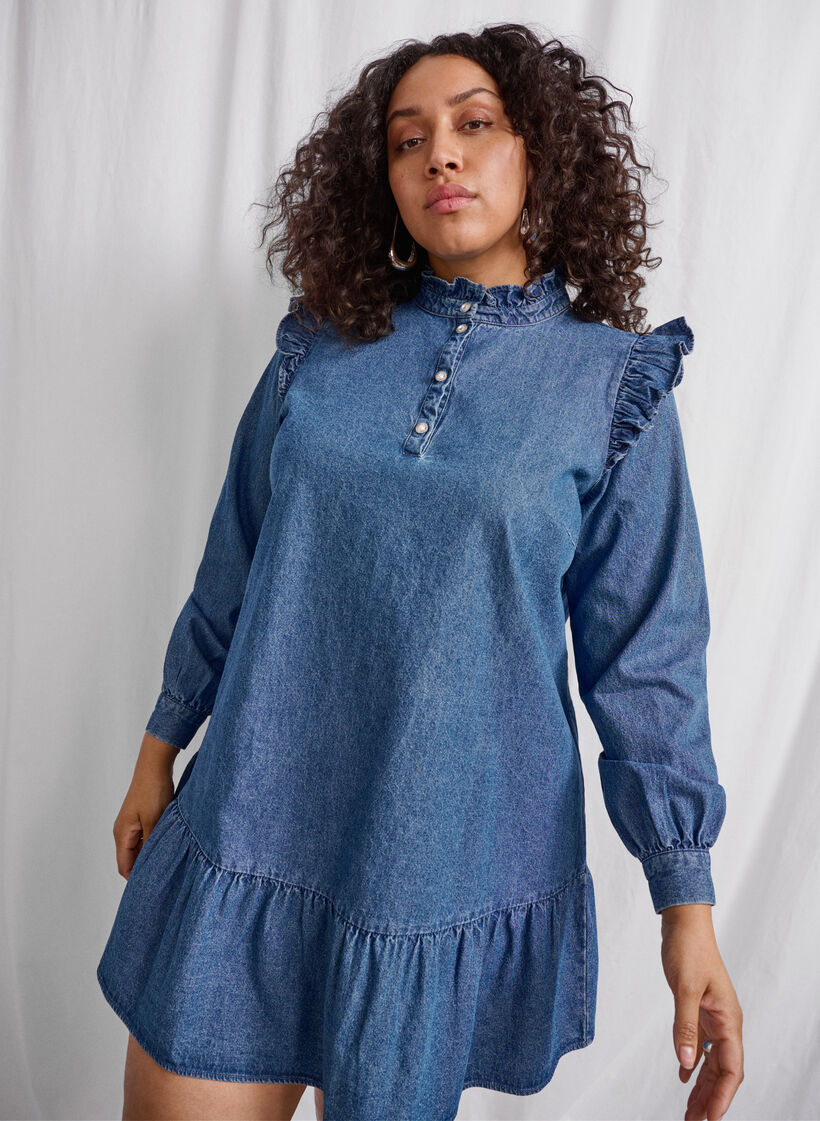 Denim-Kleid mit Rüschen und A-Ausschnitt, Blue Denim, Image image number 0