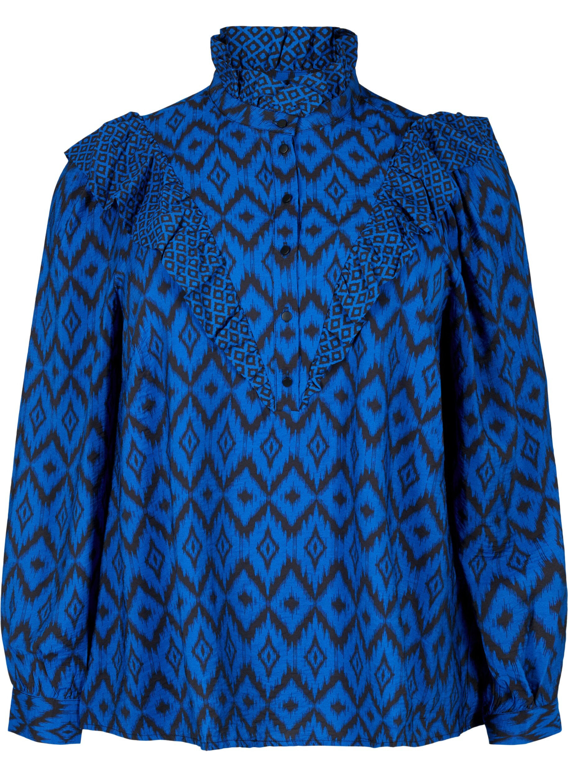 Zizzi Shirtbluse aus Viskose mit R&uuml;schendetails, True blue w. Black, Packshot image number 0