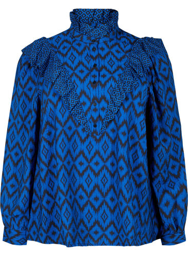 Shirtbluse aus Viskose mit Rüschendetails, True blue w. Black, Packshot image number 0