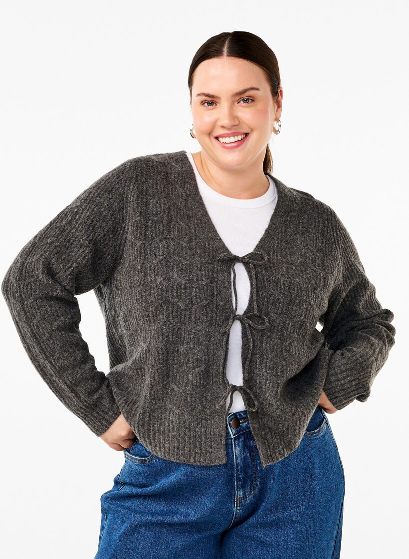 Strickjacke mit Bindedetails, Dark Grey Melange, Model image number 0