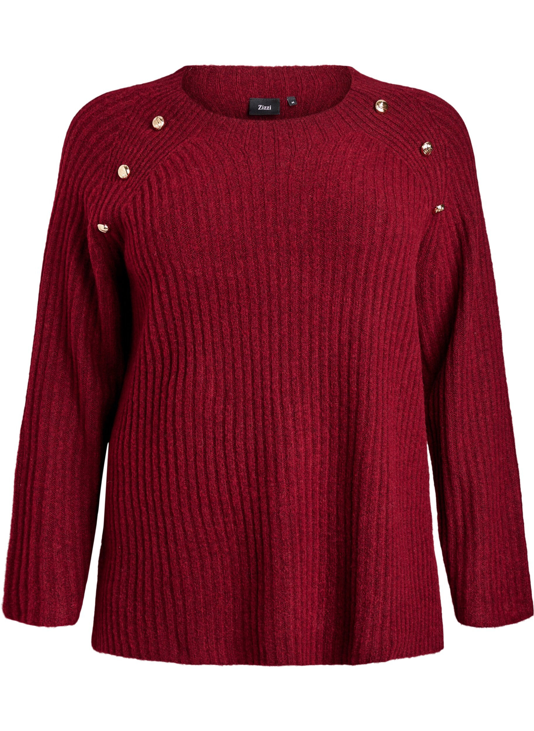 Zizzi Pullover aus Rippstrick mit Zierkn&ouml;pfen, Rot, Packshot image number 0