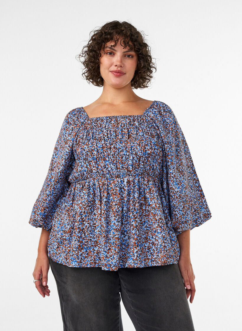 Bluse mit Smock und Karree-Ausschnitt, Blau, Model image number 0