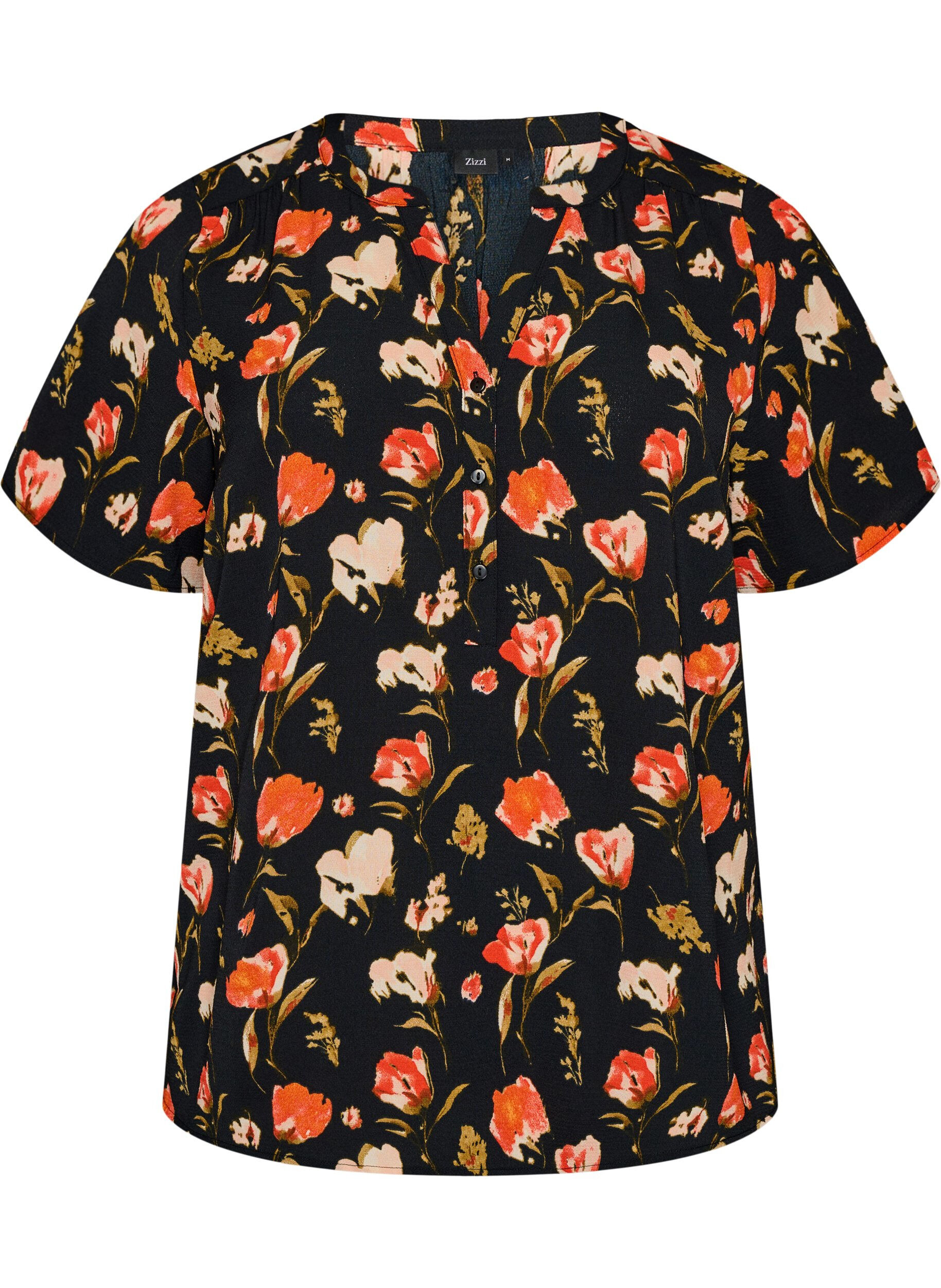 Zizzi Bluse mit kurzen &Auml;rmeln und V-Ausschnitt, Schwarz, Packshot image number 0