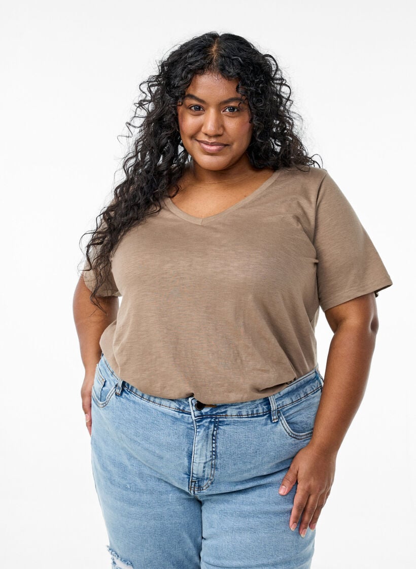 Kurz&auml;rmliges Basic-T-Shirt mit V-Ausschnitt, Braun, Model image number 0