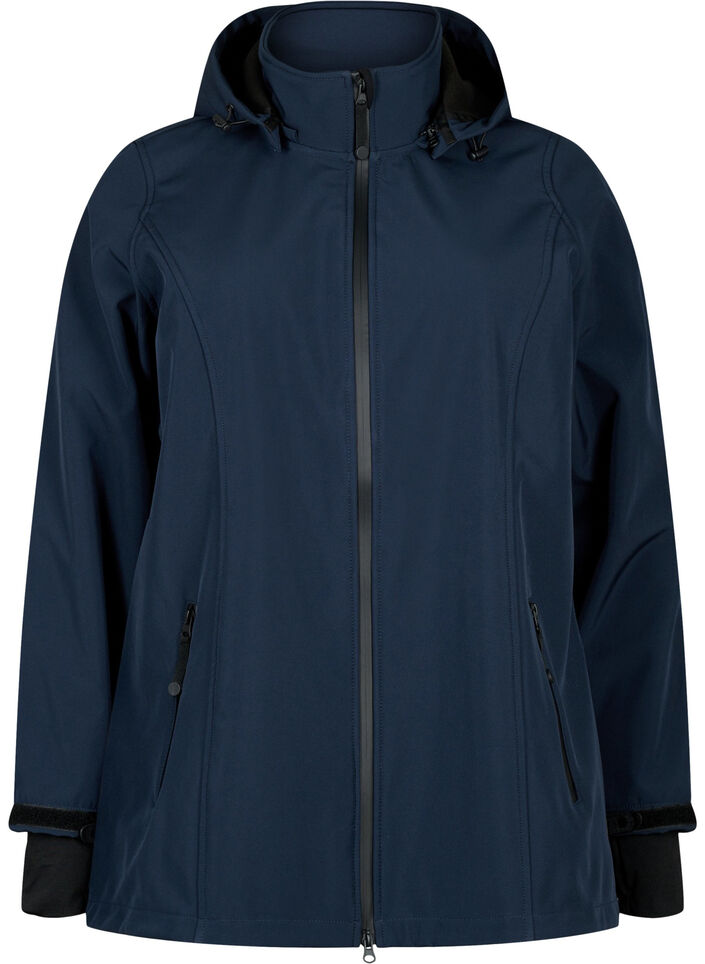 Kurze Softshell-Jacke mit abnehmbarer Kapuze, Blau, Packshot image number 0