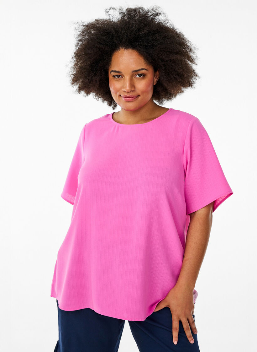 Kurzärmelige Bluse mit Rundhalsausschnitt, Pink, Model image number 0