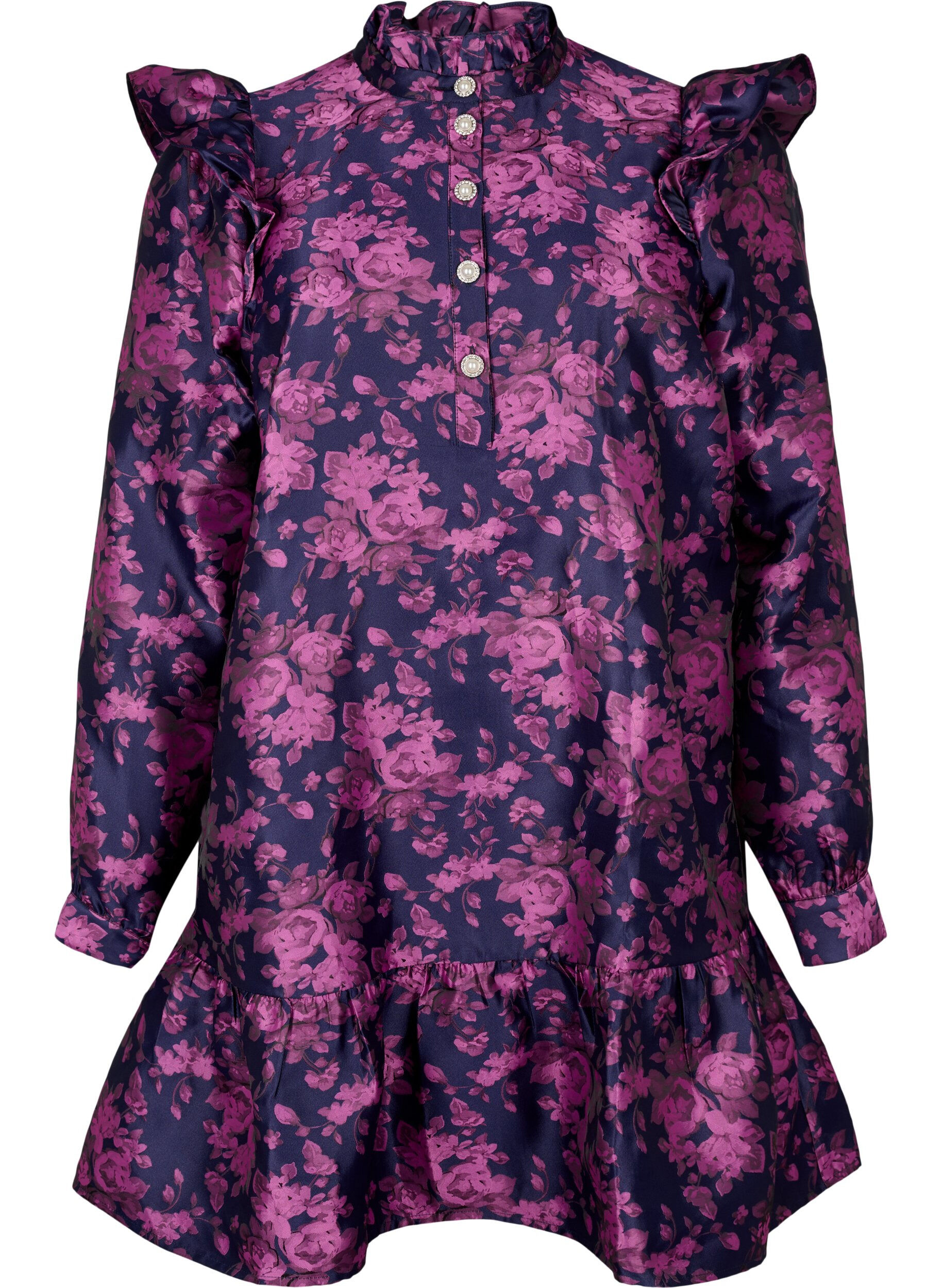 Zizzi Kleid mit R&uuml;schendetail und Perlenkn&ouml;pfen, Dark Blue Pink, Packshot image number 0