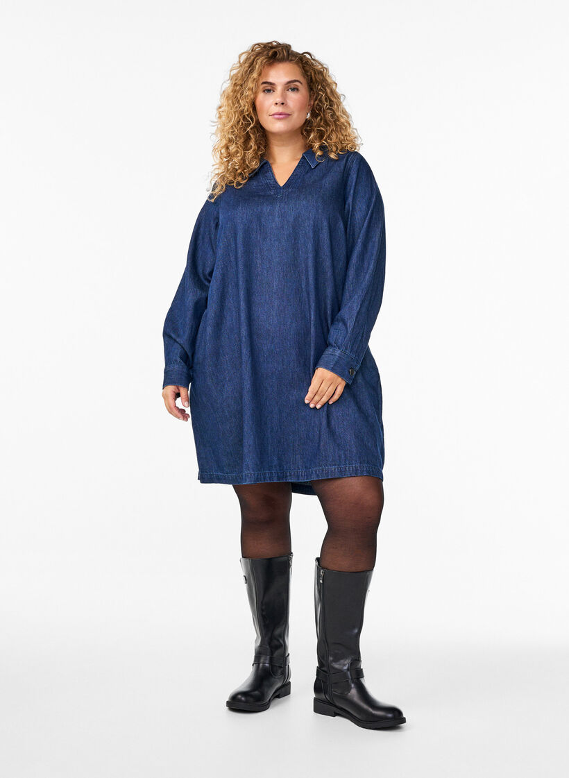 Jeanskleid mit V-Ausschnitt und Kragen, Blau, Model image number 1