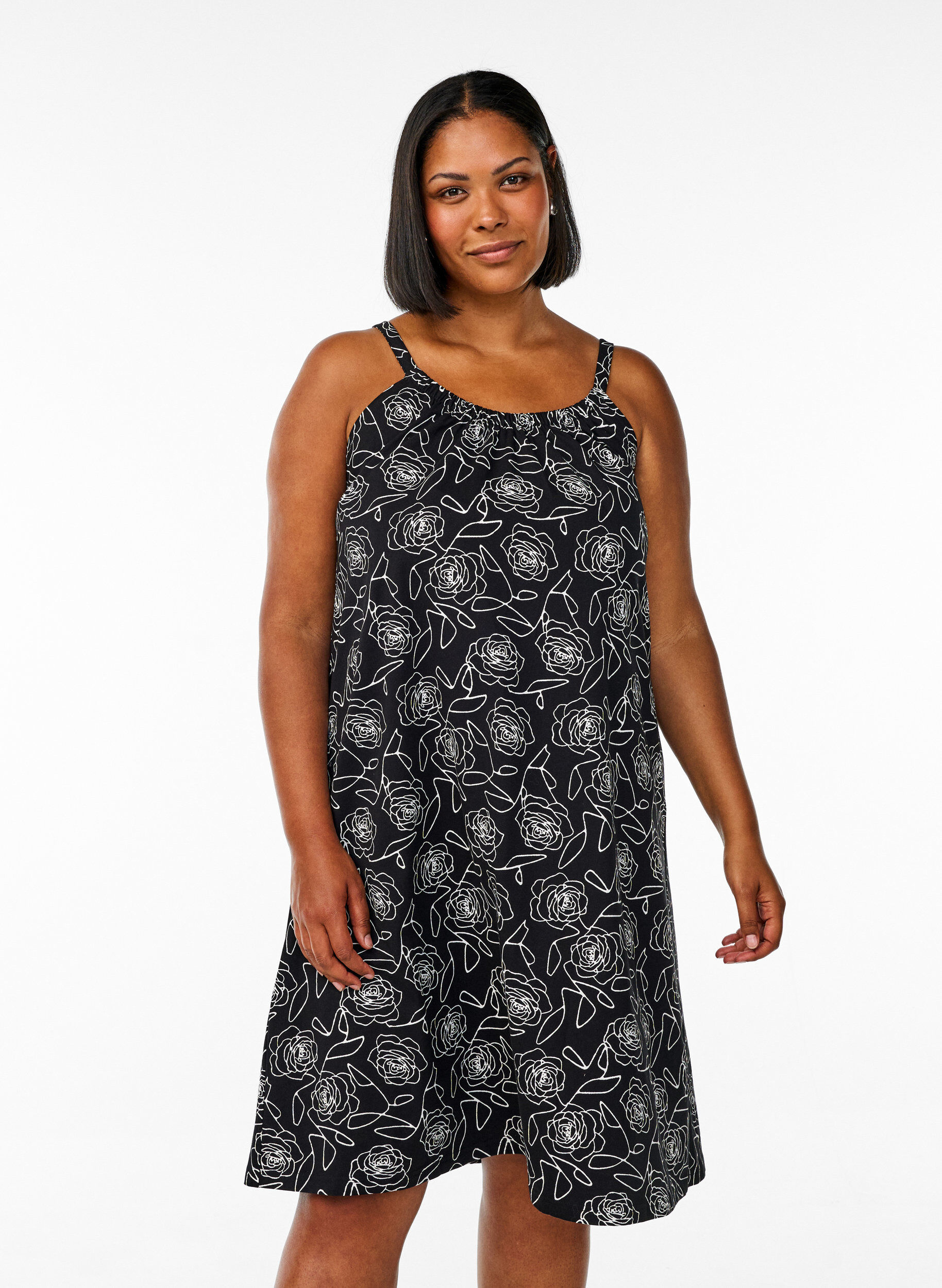 ZizziMidi-Tr&auml;gerkleid aus Bio-Baumwolle., Schwarz, Model image number 0