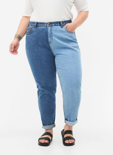 Two-Tone Mille Mom Fit Jeans, Lt. B. Comb, Model image number 2