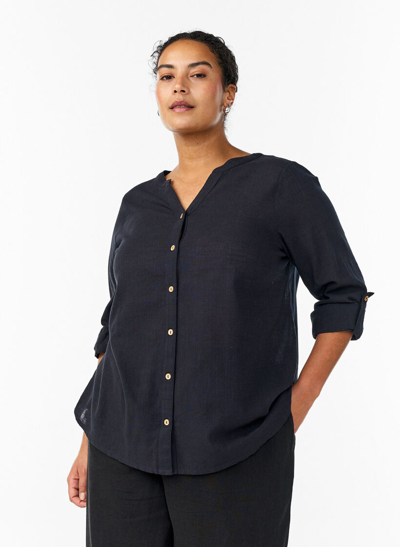 Hemdbluse aus Baumwolle mit V-Ausschnitt, Schwarz, Model image number 0