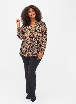 Langarm Bluse mit Leoparden-Print und V-Ausschnitt, Leopard, Model image number 2