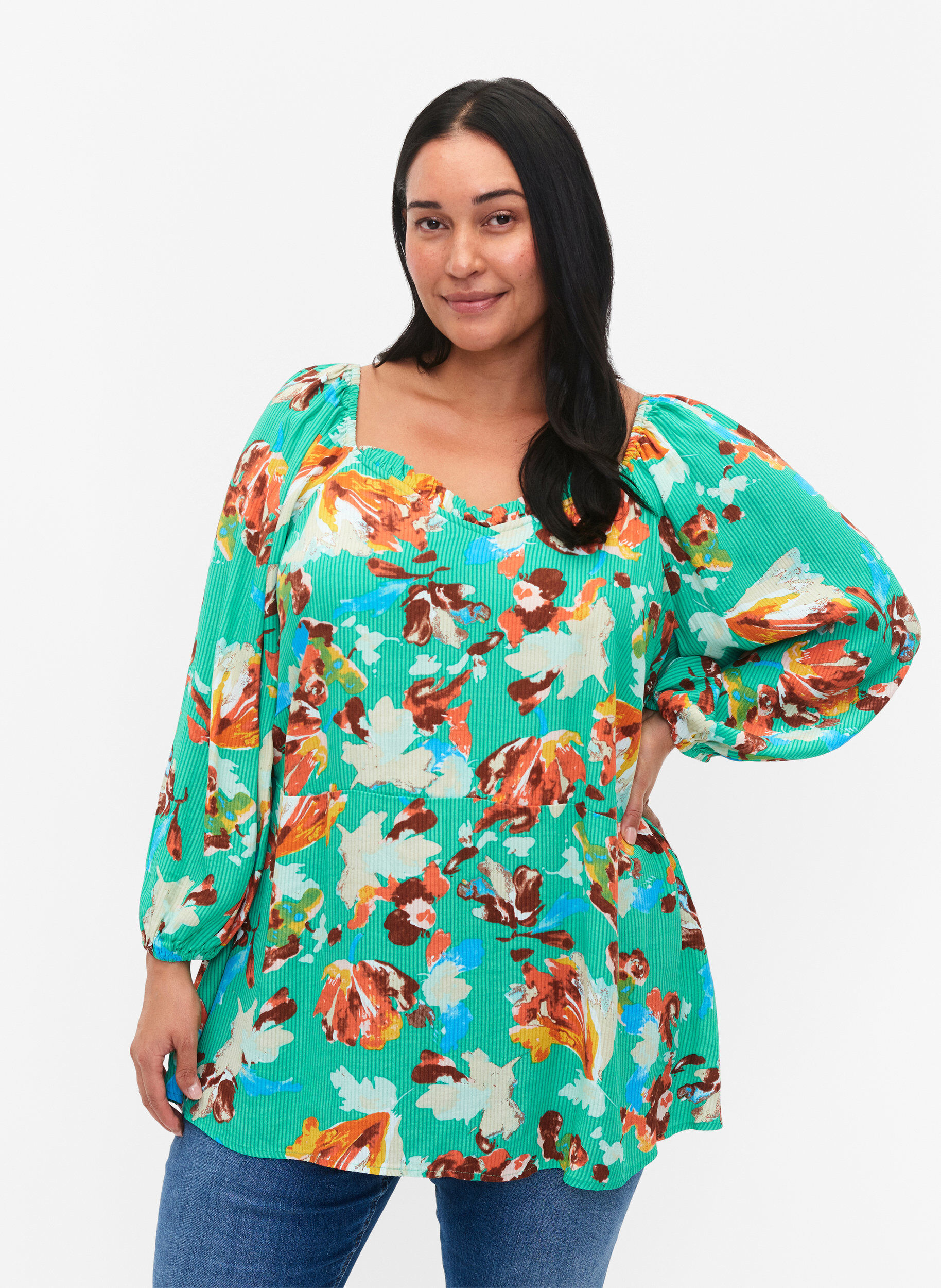 Gedruckte Viskosebluse mit 3/4 &Auml;rmeln, Gr&uuml;n, Model