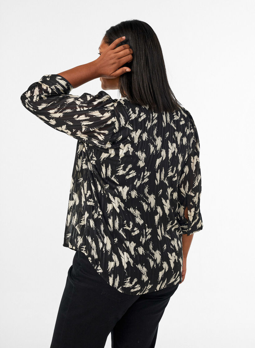 Gemusterte Bluse mit Stehkragen und 3/4-&Auml;rmeln, Schwarz, Model image number 2
