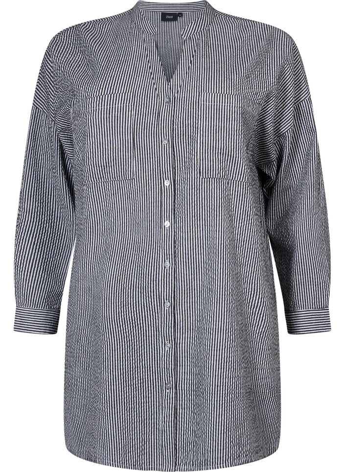Gestreiftes Baumwollhemd mit 3/4 Ärmeln, Black Stripe, Packshot image number 0