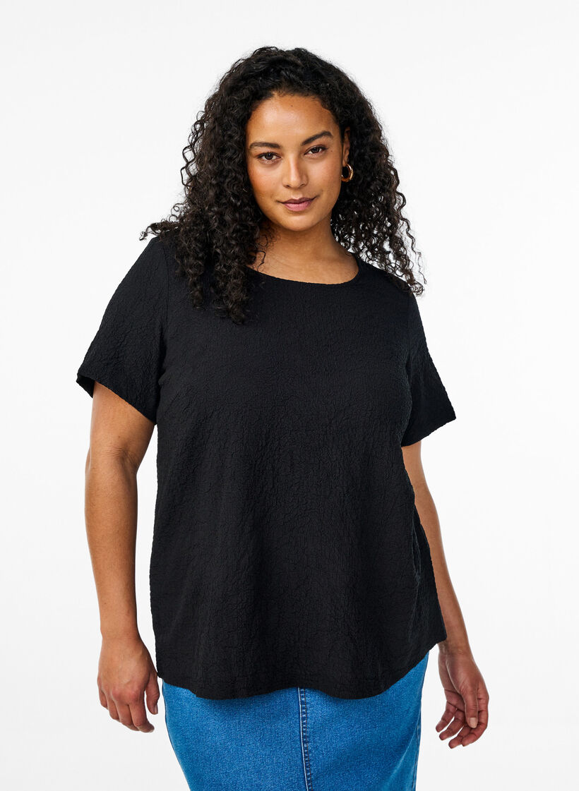 FLASH - Bluse mit Struktur und kurzen Ärmeln, Schwarz, Model image number 0