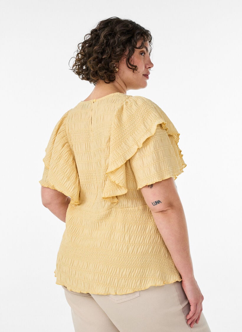 Bluse mit gesmokter Textur und R&uuml;schen&auml;rmeln, Gelb, Model image number 2