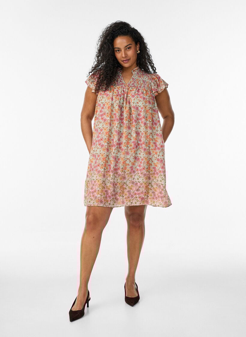 Kurzes Kleid aus Viskose mit Smock und Blumenprint, Orange, Model image number 1