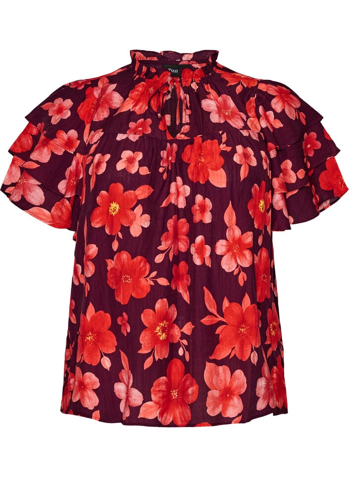 Gebl&uuml;mte Bluse aus Viskose mit R&uuml;schen&auml;rmeln, Lila, Packshot image number 0