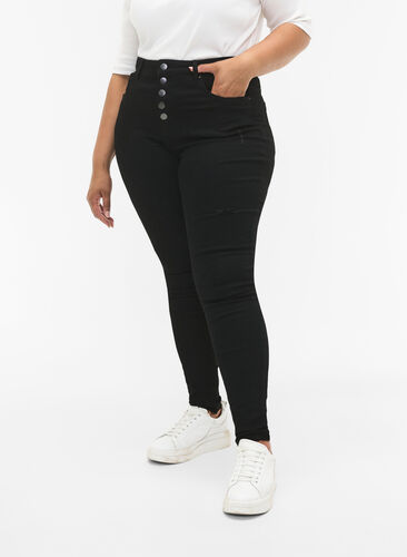 High Waist Amy-Jeans mit Knöpfen, Black, Model image number 2
