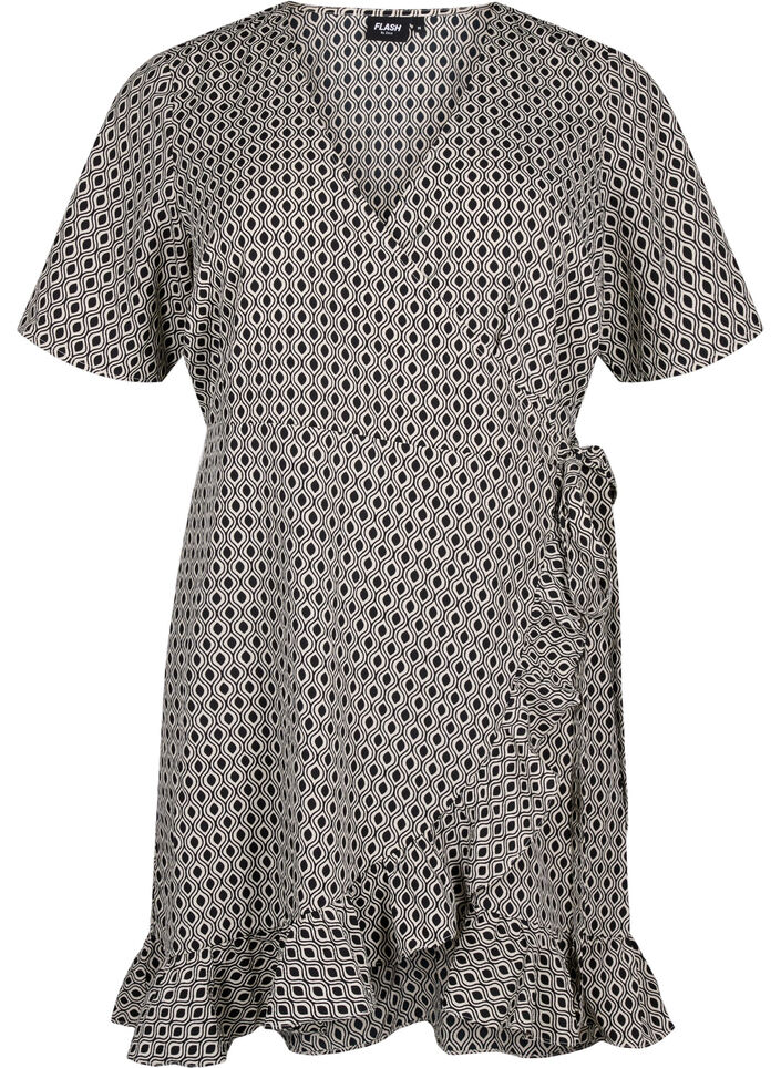 FLASH – Wickelkleid mit kurzen Ärmeln, Black White Graphic, Packshot image number 0